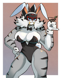 anthro big_breasts black_clothing black_leotard bow_tie breasts bunny_costume cheek_tuft cleavage cleavage_overflow clothed clothing cocktail_glass container costume cuffs_(clothing) cup drinking_glass facial_tuft fake_ears fake_rabbit_ears female fur glass glass_container glass_cup half-closed_eyes leotard mask multicolored_body multicolored_fur muscular muscular_female narrowed_eyes pose skimpy solo sports_mask sportswear teasing tuft wrestler wrestling_mask roboticsteve ring_cats saber_(roboticsteve) felid mammal prehistoric_species saber-toothed_tiger absurd_res hi_res pinup