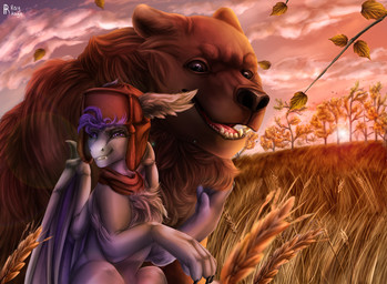 5_fingers ambiguous_feral ambiguous_gender bent_legs black_claws black_eyebrows black_eyes black_nose blue_eyes blue_mane blue_membrane blue_wings branch brown_body brown_clothing brown_fur brown_hat brown_headwear brown_scarf brown_sclera claws clothing cloud cloudy_sky duo evening eyebrows eyelashes fangs female female_feral feral finger_claws fingers fur grass grey_body grey_claws grey_fur happy hat hat_feather headgear headwear larger_ambiguous larger_feral light looking_at_viewer loose_feather mane membrane_(anatomy) membranous_wings open_mouth open_smile pink_clouds pink_sky pink_tongue plant scarf sitting sitting_on_ground size_difference sky smaller_female smaller_feral smile smiling_at_viewer sunset teeth text tongue toothy_smile tree wheat wing_claws wings rayrage hasbro my_little_pony mythology fan_character bear brown_bear dracony dragon equid equine horse mammal mythological_creature mythological_scalie pony scalie ursine 2020 artist_name colored digital_media_(artwork) digital_painting_(artwork) english_description english_text lighting painting_(artwork) shaded