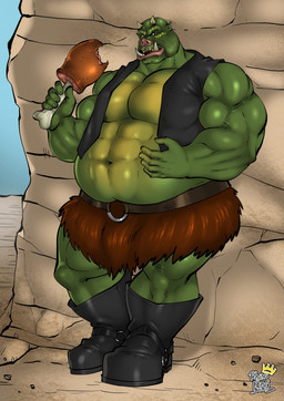 abs anthro belly bottomwear clothing eating food green_body green_skin horn loincloth male meat musclegut muscular muscular_arms nipples pecs solo topwear tusks vest rhinoking star_wars gamorrean_guard alien gamorrean hi_res