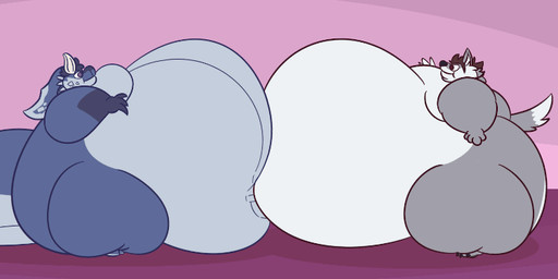anthro belly belly_expansion belly_on_belly big_belly big_breasts big_butt blue_body blue_hair breasts butt comparing duo expansion female fur grey_body grey_fur hair huge_belly huge_breasts huge_butt hyper hyper_belly male male/female multicolored_body multicolored_fur nude overweight playful purple_background purple_eyes rinss simple_background size_difference size_play tail thick_tail thick_thighs versus weight_difference weight_gain toxicoow komi_(fatty-sashimi) aquatic canid canine canis cetacean hybrid mammal whale_dragon wolf 2021 2d_animation animated digital_media_(artwork)