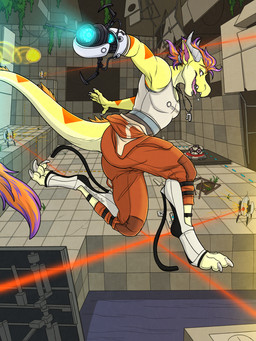 anthro boots clothed clothing cosplay curling_toes detailed_background feet footwear hair handwear horn jewelry jumping jumpsuit jumpsuit_down laser legwear looking_at_viewer machine male midair necklace open_mouth parkour plant portal portal_gun ranged_weapon shirt shoes smile solo tail tank_top teeth tongue tongue_out topwear turret weapon yellow_body conditional_dnp electroporn mythology portal_(series) valve valve_corporation alcitron weighted_companion_cube dragon earth_dragon mythological_creature mythological_scalie robot scalie turret_(portal) 3:4 digital_media_(artwork) hi_res