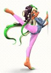 clothing female leggings legwear leotard not_furry pattern_background pseudo_hair pupils simple_background solo stretching tentacle_hair tentacles unusual_pupils koharuno2 nintendo splatoon marina_(splatoon) cephalopod humanoid marine mollusk octarian octoling hi_res