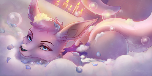 anthro ass_up bath bathing bathroom black_nose blue_eyes bubble butt candlelight convenient_censorship detailed_background eyebrows eyelashes female fur green_eyes hair half-closed_eyes light long_ears looking_at_viewer markings narrowed_eyes nude partially_submerged petals pink_body pink_fur solo water wet amarihel kangaroo macropod mammal marsupial 2:1 hi_res