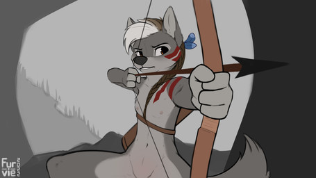 anthro bow_(weapon) braided_hair breasts brown_eyes female fur grey_body grey_fur hair nipples nude outside ranged_weapon small_breasts solo weapon furvie tanta_(zaush) canid canine canis mammal wolf absurd_res digital_media_(artwork) hi_res