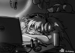 anthro eyes_closed female fluffy fur hair hengeyokai simple_background sleeping solo rinkamo rinkamo_(character) canid canine mammal absurd_res digital_media_(artwork) hi_res monochrome sketch