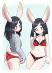 anthro biped black_hair blue_background blush border bra breasts butt cleavage clothed clothing female fur grey_clothing grey_shirt grey_topwear hair hand_in_hair kemono lace lace-trimmed_bra lace-trimmed_panties legs_together lingerie long_hair long_sleeves looking_at_viewer medium_breasts midriff multiple_angles navel panties pupils rear_view red_bra red_clothing red_eyes red_panties red_underwear shirt simple_background slim small_butt smile solo standing tail topwear touching_hair underwear underwear_only white_body white_border white_fur white_pupils unousaya tsukareta-inu_no_anime lagomorph leporid mammal rabbit digital_media_(artwork) portrait three-quarter_portrait