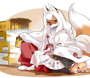 alcohol anthro asian_clothing beer beverage blush braided_hair clothing drunk duo east_asian_clothing female folding_fan fur hair holding_object japanese_clothing kemono long_hair looking_at_viewer male miko_outfit orange_body orange_fur red_eyes shrine_maiden sitting smile substance_intoxication text white_hair kikurage okitsune-sama_(kikurage) canid canine fox human mammal 2017 digital_media_(artwork) japanese_text shaded