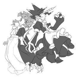 anthro back_to_back claws clothed clothing crossdressing crossdressing_male duo horn maid_headdress maid_uniform male stinger stinger_tail tail uniform dokk_q bandai_namco digimon digimon_ghost_game hiro_amanokawa digimon_(species) gulusgammamon human mammal scalie hi_res monochrome
