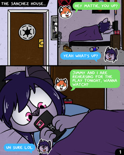 anthro bed cellphone electronics female fur furniture hair male message message_feed phone text texting young pokefound da_silva mattie_(pokefound) randy_(pokefound) bat mammal megabat 4:5 comic english_text hi_res