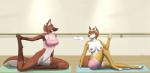 anthro big_breasts bottomless bottomwear breasts clothed clothing duo eyes_closed female genitals mat navel nipples one_eye_closed pussy shorts smile speech_bubble text topless yoga cayo alice_(cayo) daniella_(cayo) canid canine fox mammal 2017 hi_res