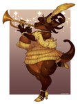 ankle_strap_heels anthro big_breasts brass_instrument breasts cleavage clothed clothing cutout_heels female footwear high_heels huge_breasts musical_instrument non-mammal_breasts playing_music pumps shoes solo thick_thighs trumpet wind_instrument miistniight kobold scalie 2021 absurd_res hi_res