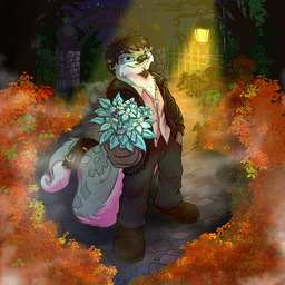 accessory belt bottomwear cemetery chain clothed clothing flower furgonomics hair hand_in_pocket jacket leather leather_clothing leather_jacket leather_topwear male night outside pants plant pockets smile solo star tail tail_accessory tail_belt topwear lupelongo neopets lutari neopet_(species) absurd_res digital_media_(artwork) hi_res