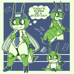 accessory antennae_(anatomy) anthro arthropod_abdomen blue_background clothing delivery_(commerce) delivery_employee female green_body hat headgear headwear long_tongue looking_at_viewer looking_back looking_back_at_viewer necktie postal_carrier postal_delivery simple_background solo text thought_bubble tongue tongue_out wings lizardfungus malina_skye arthropod hawk_moth insect lepidopteran moth english_text