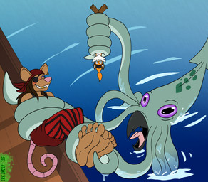 5_toes ambiguous_gender anthro barefoot brown_body brown_fur duo eye_patch eyewear feet female feral fur glasses kerchief male male/female sea tentacles tickling tickling_feet toes upside_down water irkingir first_mate_(irkingir) tracy_(irkingir) canid canine fox kraken mammal murid murine rat rodent hi_res