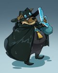 alternate_species anthro black_nose brown_body clothing coat hat headgear headwear male overweight overweight_male raincoat simple_background solo topwear weapon wet racesolar breeze_in_the_clouds rain_(breeze_in_the_clouds) canid canine canis domestic_dog mammal 2024 4:5 hi_res