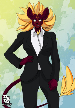 anthro black_bottomwear black_clothing black_jacket black_nose black_pants black_topwear blonde_hair blue_background bottomwear button_(fastener) chest_tuft clothed clothing crescent_moon_(marking) facial_markings female fur glowing glowing_eyes golden_markings green_background grin hair hand_on_hip hand_on_leg hand_on_thigh head_markings jacket logo long_tail looking_at_viewer markings moon_(marking) pants purple_body purple_fur purple_tail shirt simple_background smile solo standing tail tail_tuft teeth topwear tuft white_clothing white_eyes white_shirt white_topwear yellow_tail_tuft dedoarts katherine_(aurastrasza) felid feline leoryn lion mammal pantherine 2015 artist_logo hi_res portrait shaded signature three-quarter_portrait