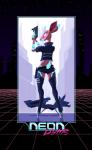 absolute_territory anthro blue_horn bottomwear butt clothed clothing cybernetics cyberpunk female grid hooves horn hoverbike jacket looking_at_viewer looking_back machine multicolored_body neon neon_lights ranged_weapon shorts solo synthwave topwear weapon phlegraofmystery ultra_(phlegraofmystery) android antelope bovid klipspringer mammal robot true_antelope hi_res