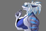 anthro big_breasts breasts claws countershading female hair looking_at_viewer muscular sharp_teeth simple_background smile solo teeth thegoo nika_sharkeh fish marine shark digital_media_(artwork) hi_res