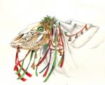 ambiguous_gender bone feral green_eyes holidays pinecone ribbons simple_background skeleton skull solo tassels teeth white_background heather_bruton christmas european_mythology mythology welsh_mythology mari_lwyd animated_skeleton equid equine horse mammal undead 2018