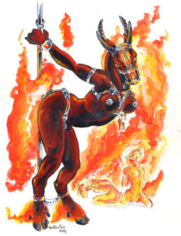 anthro bdsm bondage bound breasts burning chastity_belt chastity_device dancing erection female fire flaming_hair flaming_mane flaming_tail group horn kneeling male muzzle_(object) muzzled pole pole_dancing pseudo_hair pseudo_mane tail torture heather_bruton demon equid equine horse mammal traditional_media_(artwork)
