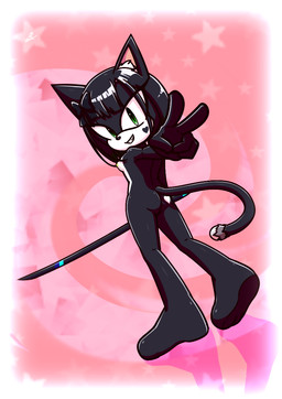 accessory barefoot black_body black_fur black_hair bow_tie breasts butt feet female fur green_eyes hair hair_accessory inner_ear_fluff melee_weapon nude pink_background simple_background small_breasts solo sword thick_thighs tuft weapon xxkenthewolfxx fan_character domestic_cat felid feline felis mammal