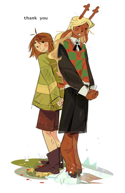 anthro antlers blonde_hair bottomwear brown_body brown_hair buckteeth checkered checkered_clothing checkered_topwear clothing duo female flower hair hands_behind_back hands_together hooves horn ice long_hair looking_at_viewer pattern_clothing pattern_topwear plant simple_background skirt smile standing striped_clothing striped_topwear stripes teeth text topwear white_background nikoco deltarune undertale undertale_(series) chara_(undertale) noelle_holiday deer human mammal 2026 digital_media_(artwork) english_text hi_res
