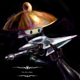 ambiguous_gender anthro armor black_body black_eyes dialogue duo empty_eyes fingers headgear helmet holding_object holding_ranged_weapon holding_weapon humor ranged_weapon talking_to_another text weapon white_text calcidusk go_do_a_crime hollow_knight:_silksong hollow_knight_(franchise) team_cherry hornet_(hollow_knight) sherma_(hollow_knight:_silksong) arthropod 1:1 2025 english_text hi_res meme signature