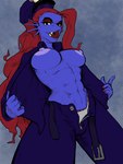abs anthro areola belt blue_body blue_skin breasts clothing female fin fish hair hi_res latchk3y licking licking_lips licking_own_lips marine muscular muscular_female nipples non-mammal_nipples panties police police_uniform presenting red_hair solo teeth tongue tongue_out undertale undertale_(series) underwear undyne uniform