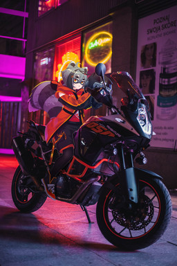 armor black_bottomwear black_clothing black_helmet black_legwear black_pantyhose black_shorts bottomwear clothing ear_piercing ear_ring facial_markings female footwear grey_hair grey_tail hair head_markings headgear helmet holding_armor holding_headgear holding_helmet holding_object jacket legwear markings mask_(marking) motorcycle on_motorcycle orange_clothing orange_eyes orange_jacket orange_topwear pantyhose photo_background piercing red_clothing red_shirt red_topwear ring_(marking) ring_piercing ringed_tail shirt shoes shorts solo striped_markings striped_tail stripes tail tail_markings topwear vehicle yoruny ktm snuffy_(snuffyowo) animal_humanoid humanoid mammal mammal_humanoid procyonid procyonid_humanoid raccoon_humanoid 2021 2:3 absurd_res hi_res mixed_media photography_(artwork)