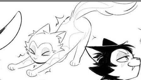 anthro ass_up eyes_closed fangs fur hair male sharp_teeth solo stretching tail teeth three-quarter_view viat_on bunnicula_(series) bunnicula domestic_cat felid feline felis mammal vampire 2026 digital_media_(artwork) low_res monochrome