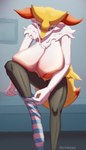 areola bed big_breasts breasts clothing female fur furniture hanging_breasts huge_breasts legwear looking_down nipples sagging_breasts simple_background solo stockings tail vexyfursure nintendo pokemon braixen generation_6_pokemon humanoid pokemon_(species) absurd_res hi_res