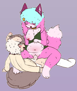2_tails accessory anthro belly belly_blush big_breasts blue_hair blush bodily_fluids body_blush breast_blush breasts brown_hair clothed clothing clothing_lift contact_lenses crotch_tuft cum cum_drip cum_in_vagina cum_inside dress dress_lift dripping duo ear_blush ear_piercing ear_ring enjoying eyes_closed fangs female female_penetrated floppy_ears footwear freckled_face freckles fur gasp genital_fluids genitals gesture green_clothing green_dress green_eyes hair hair_accessory hairclip happy highlights_(coloring) jewelry larger_female larger_penetrated looking_at_breasts looking_pleasured lying male male/female male_penetrating male_penetrating_female multi_tail multicolored_hair navel necklace nipples pantsless pawpads paws penetration penis_blush piercing pink_body pink_fur pink_hair plant plant_hair presenting pseudo_hair ring_piercing romantic romantic_couple sex shirt simple_background sitting sitting_on_another sitting_on_ground size_difference smaller_male socks sprout_(plant) sprout_hair star star_symbol sweat sweatdrop sweater sweaty_body sweaty_breasts sweaty_face sweaty_legs sweaty_thighs tail tall teeth tongue tongue_out topwear tuft two_tone_hair vulva vulva_blush white_clothing white_footwear white_shirt white_socks white_topwear yellow_clothing yellow_jewelry yellow_necklace yellow_sweater yellow_topwear cakemeowdy matthew_(beatenpuppy) pesi_(cakemeowdy) canid canine canis domestic_dog fox mammal 2025 colored digital_drawing_(artwork) digital_media_(artwork) flat_colors hi_res signature
