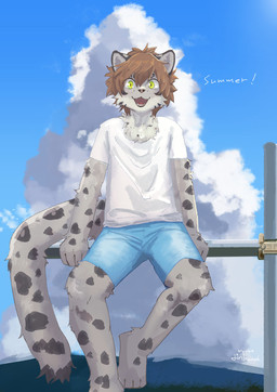 anthro blue_sky bottomwear clothing cloud detailed_background front_view fur green_eyes hair looking_at_viewer male markings neck_tuft railing shirt shorts sitting sky solo spots spotted_body spotted_fur text topwear tuft jinbuuck felid leopard mammal pantherine hi_res