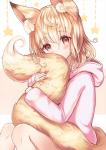 blonde_hair blush clothed clothing female hair hoodie looking_at_viewer red_eyes solo tail tail_hug topwear sakura_ani animal_humanoid canid canid_humanoid canine canine_humanoid fox_humanoid humanoid mammal mammal_humanoid 2019 hi_res