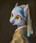 anthro brown_background clothed clothing ear_piercing female gem grey_body headgear headwear inner_ear_fluff open_mouth pearl_(gem) piercing side_view simple_background solo tuft yellow_eyes taytinabelle friendship_is_magic girl_with_a_pearl_earring hasbro my_little_pony derpy_hooves_(mlp) equid equine horse mammal pony absurd_res hi_res inspired_by_formal_art signature