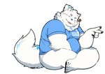 anthro blep blush bottomless bottomless_male clothed clothing eyes_closed fur heart_symbol male overweight shirt smile solo t-shirt tongue tongue_out topwear white_body white_fur elvendays lifewonders live_a_hero yohack canid canine canis domestic_dog mammal nordic_sled_dog samoyed spitz absurd_res hi_res