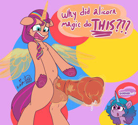 animal_genitalia animal_penis asking asking_why balls blue_hair dialogue duo equine_genitalia equine_penis feral ftg_transformation fti_transformation gender_transformation genitals gynomorph hair heart_catchlight heart_symbol hooves horn intersex looking_down nude orange_body outline penis purple_body purple_hair question shocked species_in_dialogue speech_bubble text text_emphasis tongue tongue_out transformation underline wingding_eyes wings erynerikard hasbro mlp_g5 my_little_pony mythology izzy_moonbow_(mlp) sunny_starscout_(mlp) earth_pony equid equine horse mammal mythological_creature mythological_equine pony unicorn winged_unicorn absurd_res english_text hi_res