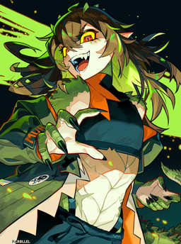 brown_hair claws clothed clothing coat crocodile_tail crop_top fangs female fully_clothed green_body green_markings grin grinning_at_viewer hair long_hair long_nails looking_at_viewer markings open_mouth organs pointy_ears pupils red_eyes red_pupils scar shirt skull_and_crossbones smile smiling_at_viewer solo stomach tail teeth topwear visible_underwear yellow_eyes par0llel vtuber kairyu_crocodile_(vtuber) animal_humanoid crocodile crocodile_humanoid crocodilian crocodilian_humanoid humanoid reptile reptile_humanoid scalie scalie_humanoid digital_media_(artwork) hi_res