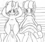 anus bench blush duo exposed female feral genitals horn looking_at_viewer on_bench pussy sitting wings tg-0 friendship_is_magic hasbro my_little_pony mythology bonbon_(mlp) lyra_heartstrings_(mlp) earth_pony equid equine horse mammal mythological_creature mythological_equine pony unicorn monochrome