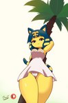 anthro armor bangs blue_ears blue_hair bob_cut clothed clothing female hair lidded_eyes looking_at_viewer low-angle_view markings palm_tree panties plant simple_background solo striped_markings striped_tail stripes tail tail_markings tree underwear upskirt vambrace white_background yellow_body yellow_inner_ear fantharubi animal_crossing nintendo ankha_(animal_crossing) domestic_cat felid feline felis mammal hi_res