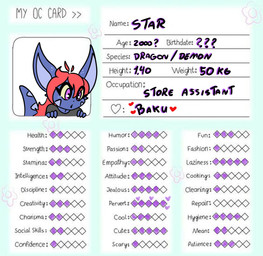 anthro blue_body card clothing female hair information purple_eyes red_hair shirt solo stats tail text topwear tibbs mythology star_(tibbs) demon dragon mythological_creature mythological_scalie scalie 2021 absurd_res character_name digital_media_(artwork) english_text hi_res