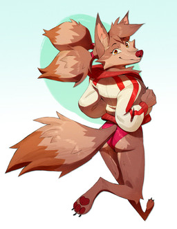 3_toes anthro big_tail bikini bikini_bottom brown_body brown_fur clothing ear_tuft feet female fluffy fluffy_hair fluffy_tail fur hair head_tuft holding_clothing holding_object jacket long_hair looking_at_viewer orange_eyes pawpads pointy_ears rear_view simple_background smile snout solo swimwear tail toes topwear tuft twintails_(hairstyle) two-piece_swimsuit walking ruffu unnamed_character canid canine mammal digital_drawing_(artwork) digital_media_(artwork)