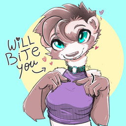 anthro blep blue_eyes breasts brown_body brown_fur brown_hair brown_nose claws clothed clothed_female clothing collar facial_markings female fur hair head_markings heart_symbol markings mask_(marking) shirt solo tank_top text tongue tongue_out topwear kiaun derideal mix_(derideal) domestic_ferret mammal mustelid musteline true_musteline weasel 1:1 2025 english_text hi_res