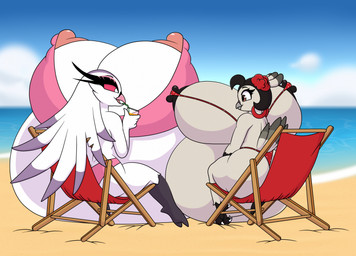 anthro areola beach belly beverage big_belly big_breasts big_butt bikini black_hair breasts butt clothing cloud drinking_straw duo ear_piercing ear_ring female glass hair huge_belly huge_breasts hyper hyper_belly hyper_breasts hyper_pregnancy nipples non-mammal_breasts piercing pregnant ring_piercing sand seaside sitting sky swimwear thick_thighs two-piece_swimsuit water larikane hellaverse helluva_boss la_pavita_pechugona pavita_pechugona stella_(helluva_boss) avian bird galliform owl_demon phasianid turkey 2025 crossover hi_res