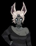 alternative_fashion anthro black_background breasts cleavage clothed clothing collar ear_piercing ear_ring female goth grey_body hair hand_on_hip piercing ring_piercing simple_background solo spiked_collar spikes third_eye_closed white_hair erocoffee nintendo tears_of_the_kingdom the_legend_of_zelda mineru mammal zonai hi_res