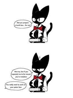 anthro biped black_body black_fur black_tail blush bow_tie breasts cleavage clothed clothing dialogue female fingers fur mouthless pupils question_mark simple_background slit_pupils solo speech_bubble tail text white_background sabgong vingo_(sabgong) domestic_cat felid feline felis mammal english_text