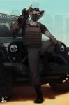 athletic athletic_male black_hair black_nose car clothed clothing eyewear fur gun hair leaning_on_object male military military_jeep outside ranged_weapon sky solo standing stripes sunglasses teeth vehicle weapon hitmore jeep hyena mammal striped_hyena 2019 digital_media_(artwork) hi_res