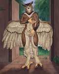 anthro beak bedroom_eyes breast_grab breast_squish breasts cabin dark_nipples feathers feet female fluffy genitals hand_on_breast narrowed_eyes nipples nude plant pose presenting presenting_breasts pussy seductive solo squish standing talon_hands talons toes tree wings plumpenguinn avian bird great_horned_owl horned_owl owl true_owl hi_res pinup