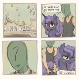 ?_face amusement_park bedroom_eyes bestiality blush clothed clothing duo female female_on_human feral green_body green_skin hair half-closed_eyes horn human_on_feral interspecies male male/female male_on_feral narrowed_eyes open_mouth seductive sex shirt simple_background tank_top text topwear wings plotcore friendship_is_magic hasbro my_little_pony mythology anon princess_luna_(mlp) equid equine horse human mammal mythological_creature mythological_equine pony unicorn winged_unicorn 1:1 comic english_text hi_res