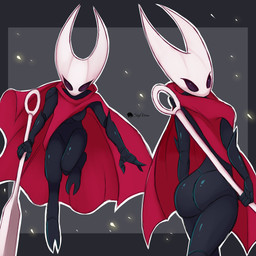 big_butt black_body black_eyes breasts butt cloak cloak_only clothing duo featureless_breasts female holding_object holding_weapon horn joints looking_at_viewer looking_back not_furry rear_view red_cloak red_clothing simple_background solo weapon white_horn skyversa hollow_knight_(franchise) team_cherry hornet_(hollow_knight) arthropod humanoid insect 1:1 absurd_res hi_res